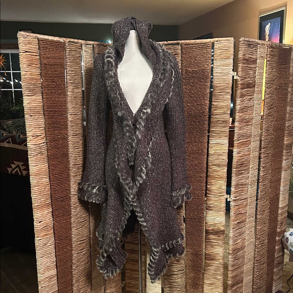 Hooded Gray/Brown Sweater with Rabbit Fur Trim